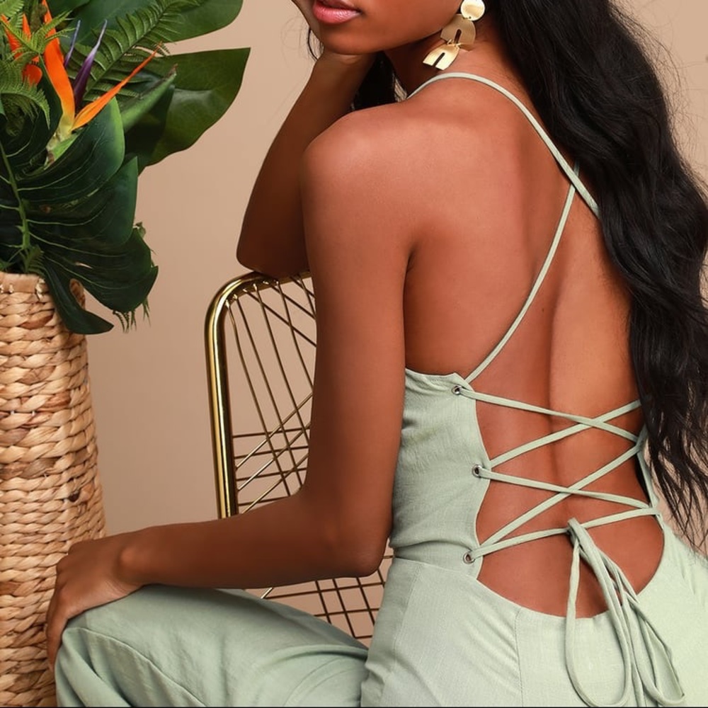 Lulu’s Sage Green Lace-Up Culotte Jumpsuit - Picture 4 of 13